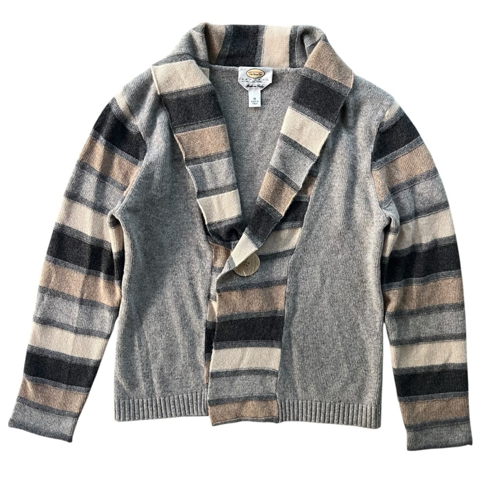 Talbots Womens MP Gray Tan Stripe Wool Angora Blend Button Knit Sweater Cardigan